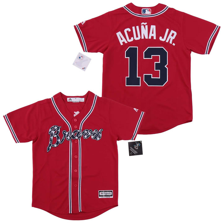 Youth Braves 13 Ronald Acuna Jr. Red Cool Base Jersey,We sell and wholesale Youth Braves 13 Ronald Acuna Jr. Red Cool Base Jersey on line form chian!